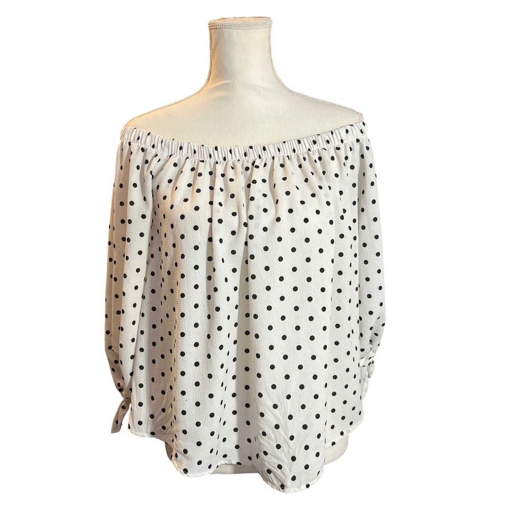 Haute Monde Retro Polka Dot‎ Off Shoulder Tie Sleeve Boho Blouse White Black L